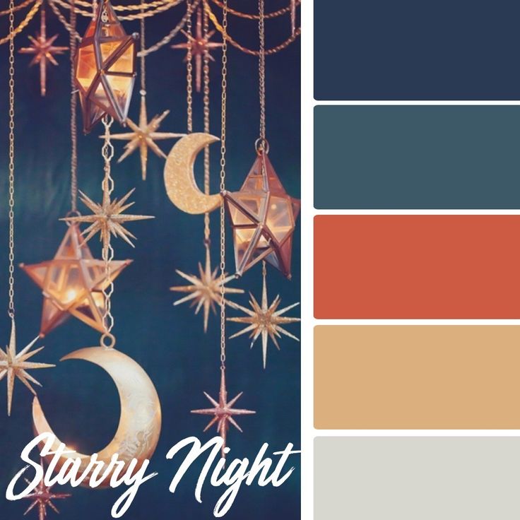 the color scheme for starr nights is blue, orange and brown with stars hanging from them