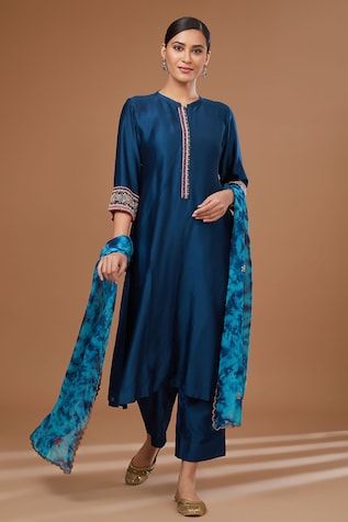 Blue chanderi silk kurta with placed bead embroidery. Comes with matching pant and tie-dye pattern dupatta. - Aza Fashions Blue Slub Silk Kurta With Sheer Dupatta, Unstitched Blue Tissue Silk Kurta, Blue Resham Embroidered Kurta In Tissue Silk, Blue Tissue Silk Kurta With Resham Embroidery, Blue Resham Embroidered Tissue Silk Kurta, Blue Tissue Silk Kurta With Dupatta, Blue Bollywood Tissue Silk Kurta, Blue Cotton Silk Salwar Kameez With Sheer Dupatta, Blue Slub Silk Dupatta With Resham Embroidery