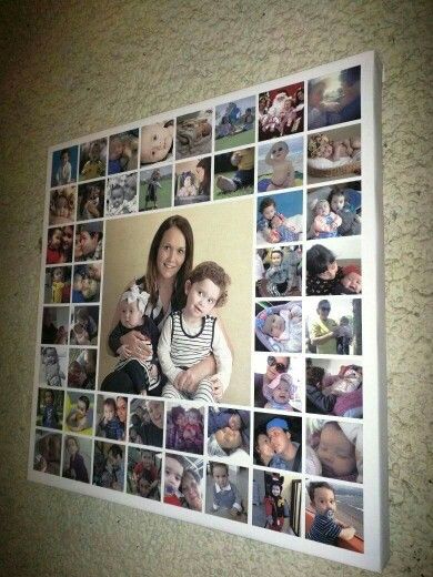 a woman holding a child in front of a photo collage