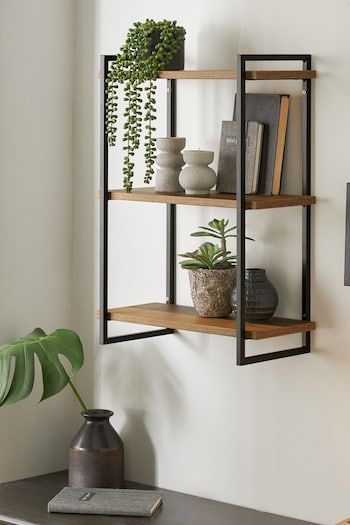 a shelf with books and plants on it in a room next to a wall mounted planter