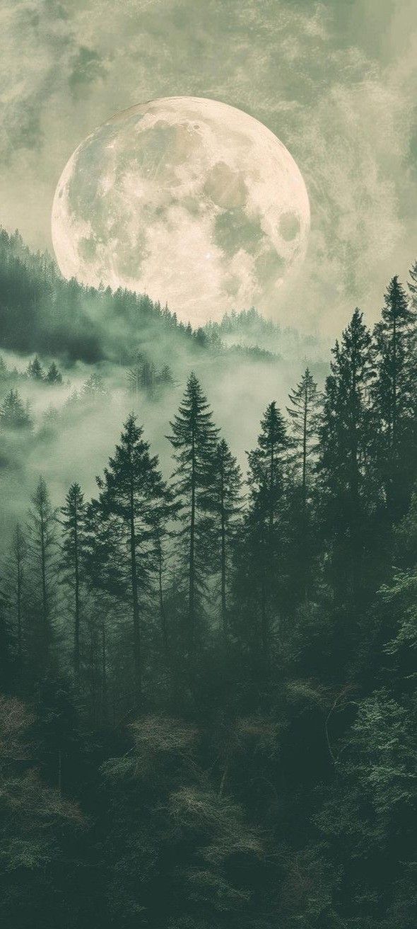 a full moon is seen above the trees on a foggy day in this image