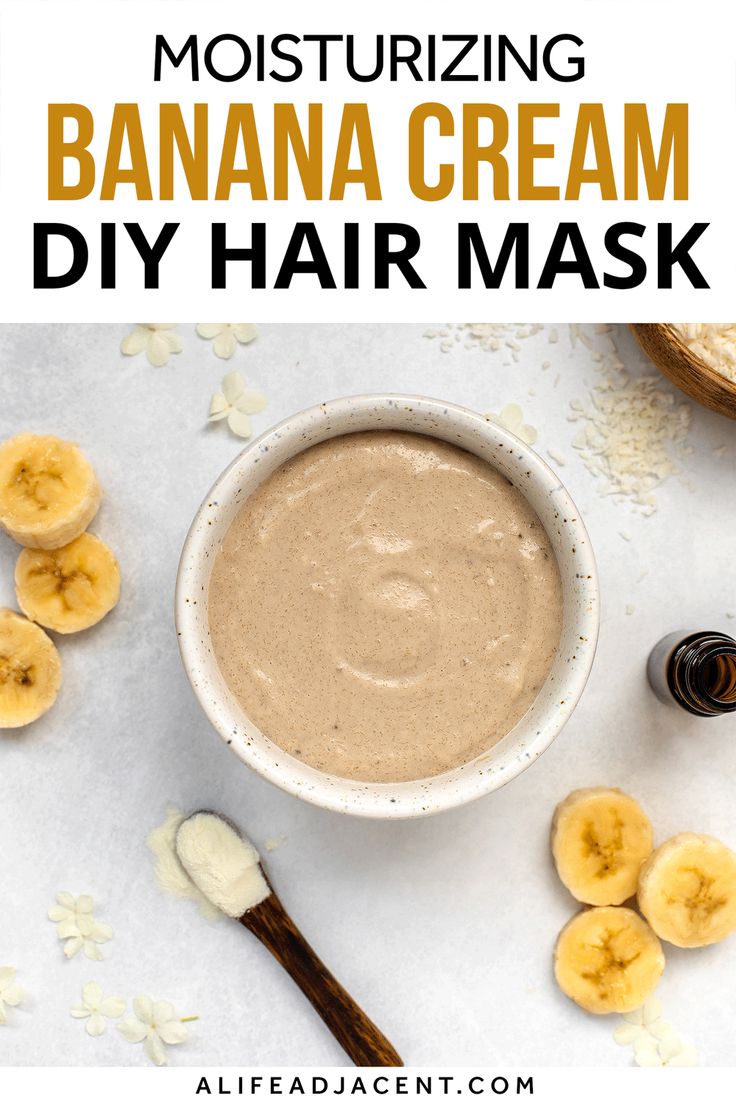 Learn how to make a moisturizing DIY banana hair mask for damaged hair repair. This homemade hair treatment is perfect for deep conditioning dry or frizzy hair. Works for curly hair too! All you need is a few simple ingredients to make this hair conditioner recipe, like fresh banana, coconut milk, olive oil or castor oil. Plus a selection of essential oils for growth and scalp health. Banana masks can also help for dandruff and hair fall. Smells like banana cream pie! ALifeAdjacent.com Banana Hair Mask Deep Conditioning, Diy Banana Hair Mask, Banana Hair Mask For Frizzy Hair, Hair Conditioner Recipe, Fall Smells, Banana Hair Mask, Mask For Damaged Hair, Diy Haircare, Hair Recipes