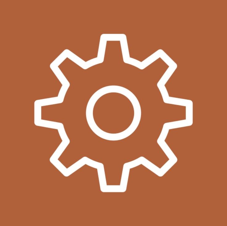 a white gearwheel icon on an orange background with the word o in it's center