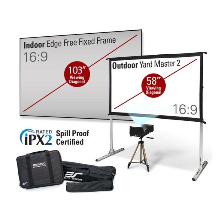 two large outdoor screen displays with carrying cases and bags next to them on white background