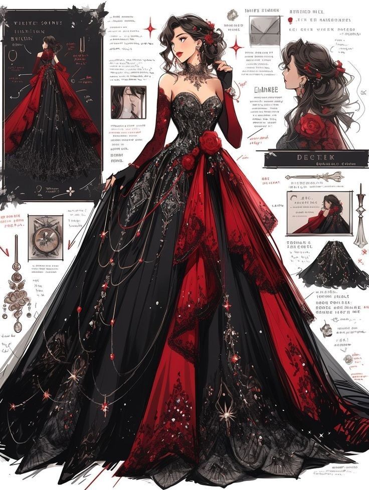 Dreamy Gowns, Dress Design Drawing, Red Or Black, Old Fashion Dresses, Fashion Drawing Dresses, Fantasy Dresses, Fashion Illustration Dresses, Dress Design Sketches, Dress Drawing