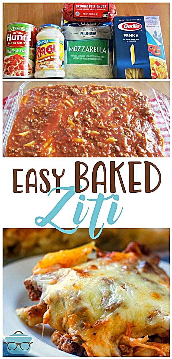 an easy baked ziti recipe with cheese, meat and sauce on top is shown