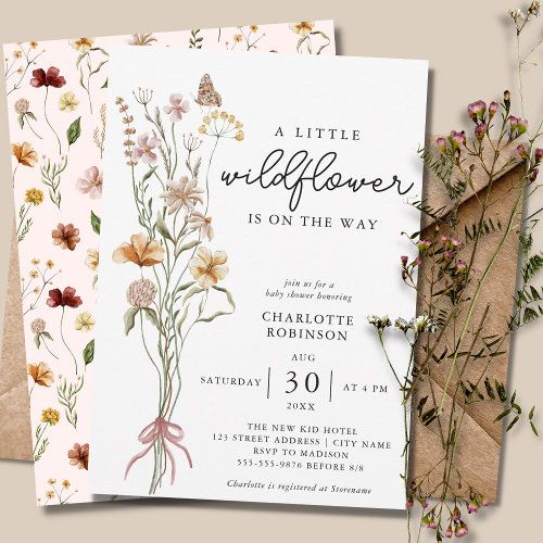 the little wildflower is on the way baby shower card and envelope are shown next to each other