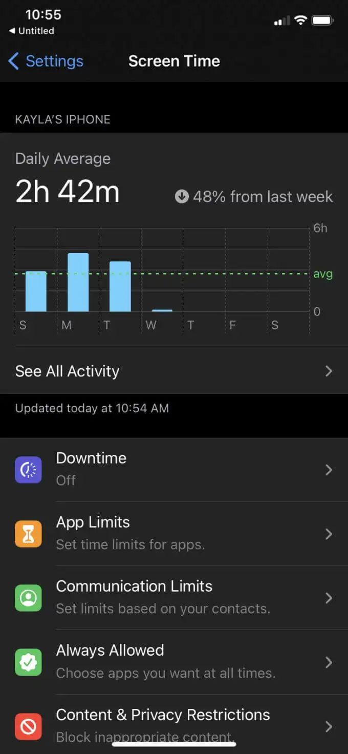 an iphone screen showing the time and app settings for different devices, including one that is running