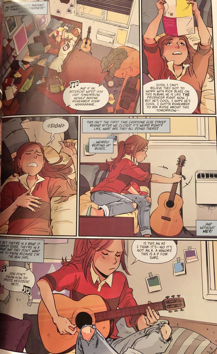 a comic strip with an image of a woman playing the guitar