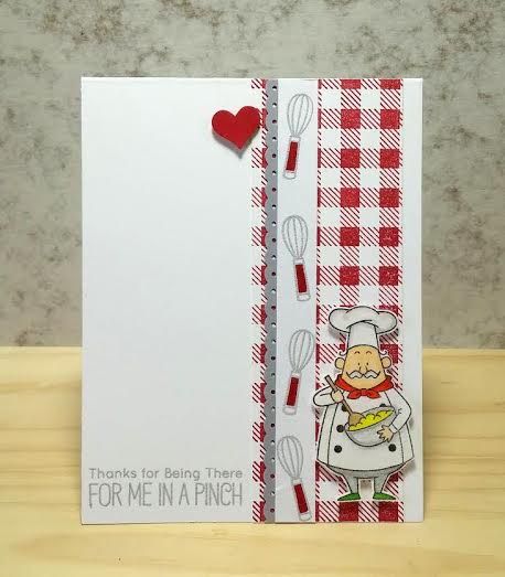 a handmade card with a chef holding a spatula on it's side