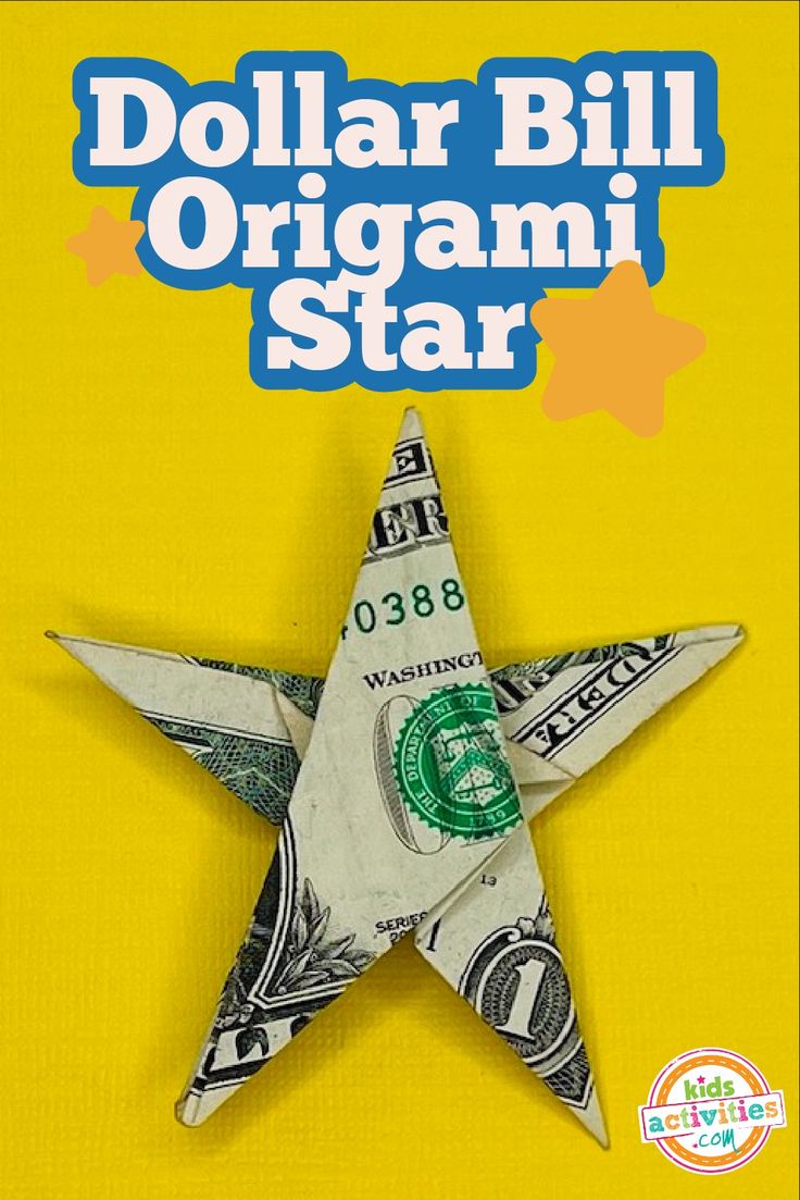 dollar bill origami star on yellow background with text reading dollar bill origami star