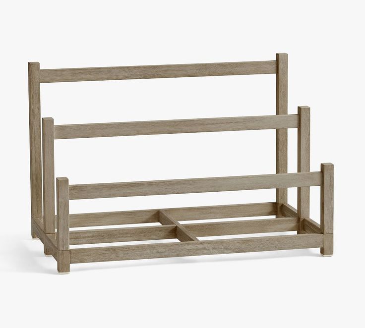 a wooden shelf with two shelves on each side