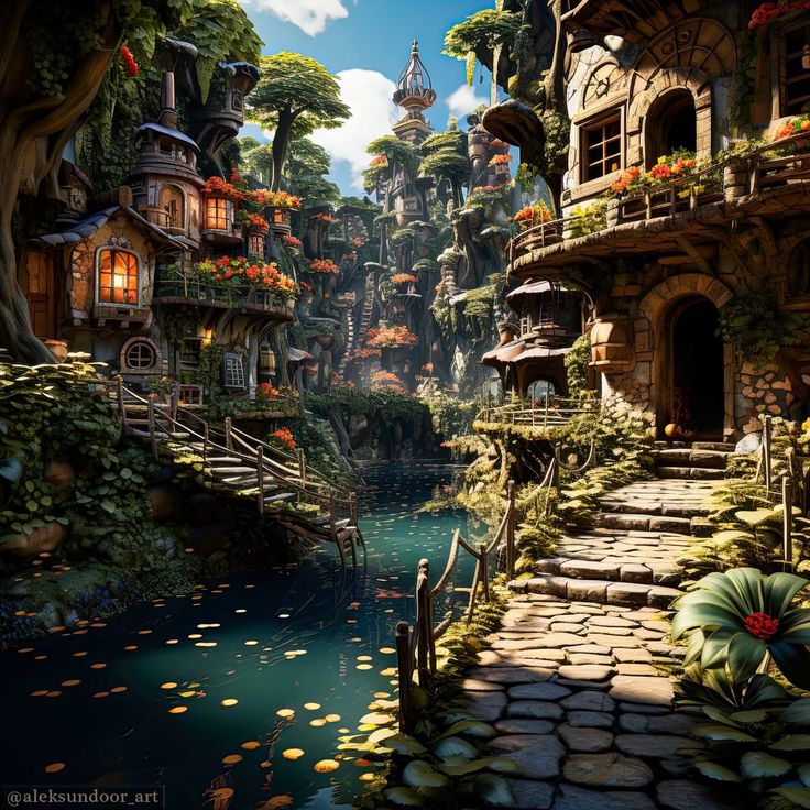 a painting of a fantasy village by the water