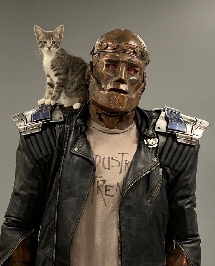 a cat is sitting on the shoulders of a man in a leather jacket and helmet