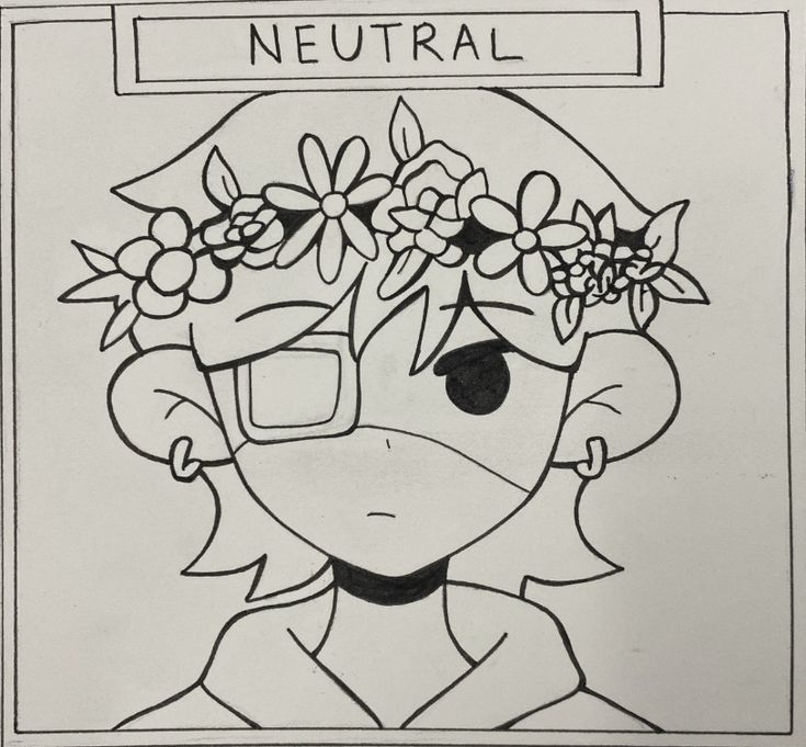 a black and white drawing of a girl with flowers in her hair that says neutral