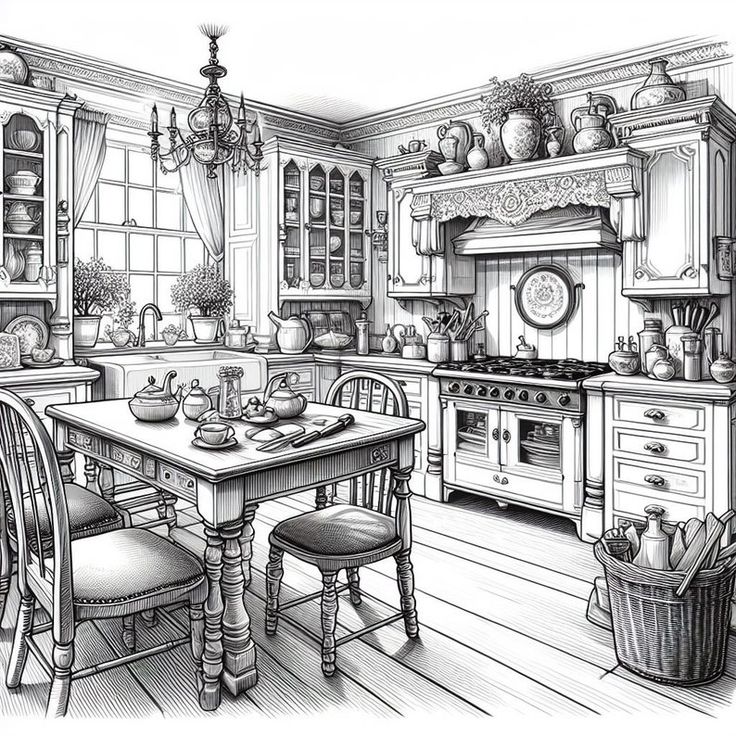 this is a black and white drawing of a kitchen with an oven, table, chairs, potted planters and pots on the stove