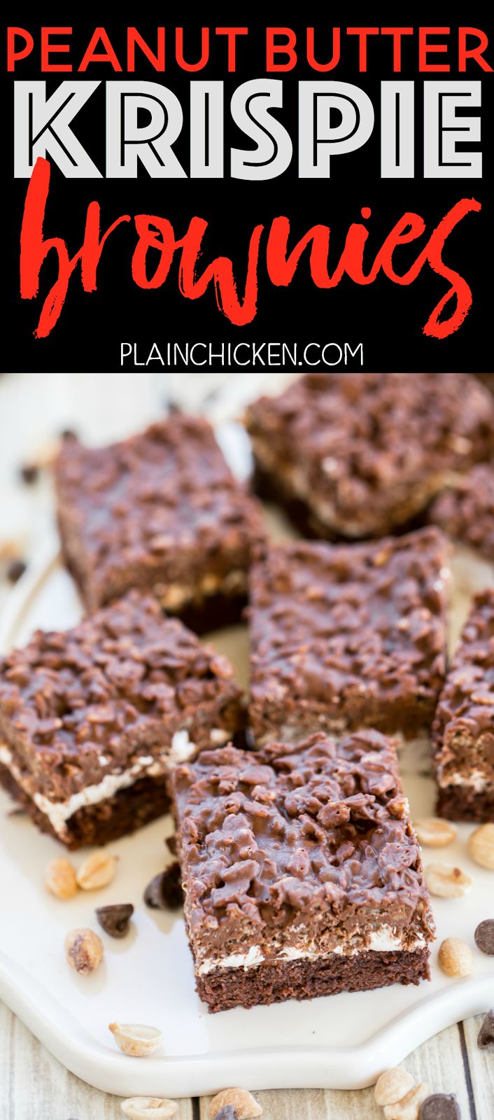 chocolate peanut butter krispie brownies on a white plate with the title above it