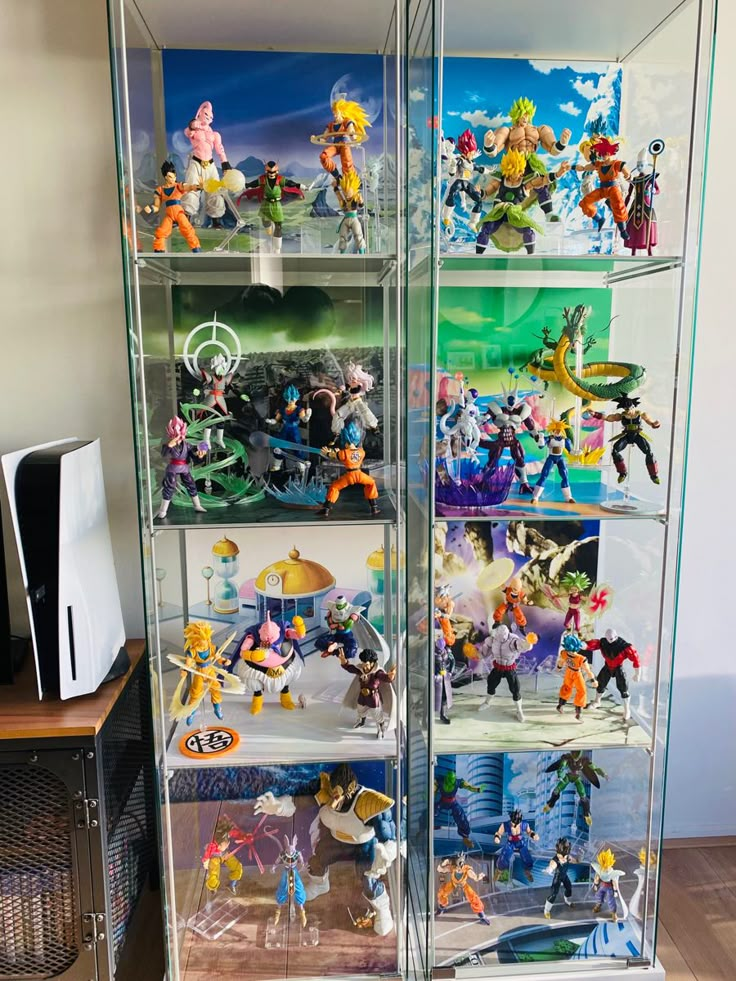 a glass display case filled with action figures