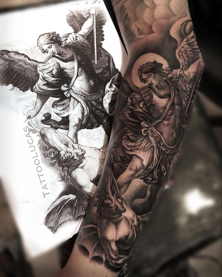 St Michael Tattoo, Tattoo Font For Men, Outer Forearm Tattoo, Half Sleeve Tattoos Forearm, Archangel Tattoo, Last Kingdom, Money Tattoo, Full Sleeve Tattoo Design, Men Tattoos Arm Sleeve