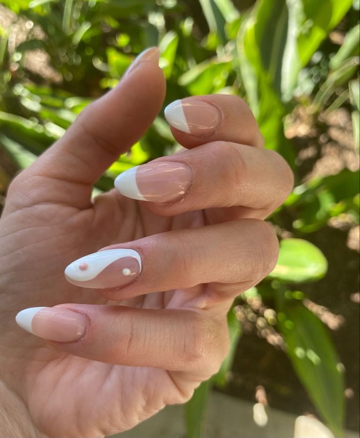 Almond Ying Yang Nails, Cute White Nail Ideas Almond, Almond Nails Ying Yang, French Too Almond Nails, Yin Yang Almond Nails, Unique French Tips Almond, Yin Yang French Tip Nails, Asymmetric French Nails, Cute French Tip Nails Acrylic Almond