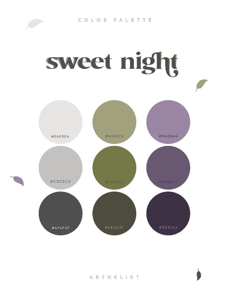 the color palette for sweet night is shown in shades of green, purple and grey