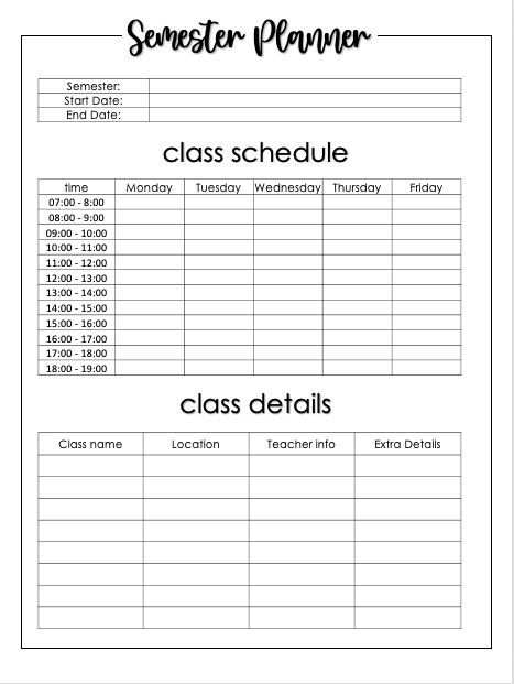 a printable class schedule for the summer school year is shown in black and white