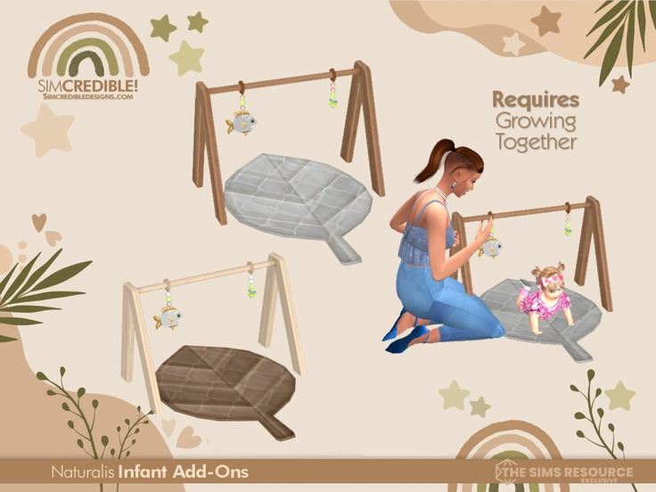 a woman sitting on the ground next to a swing set with two baby swings and an infant in it