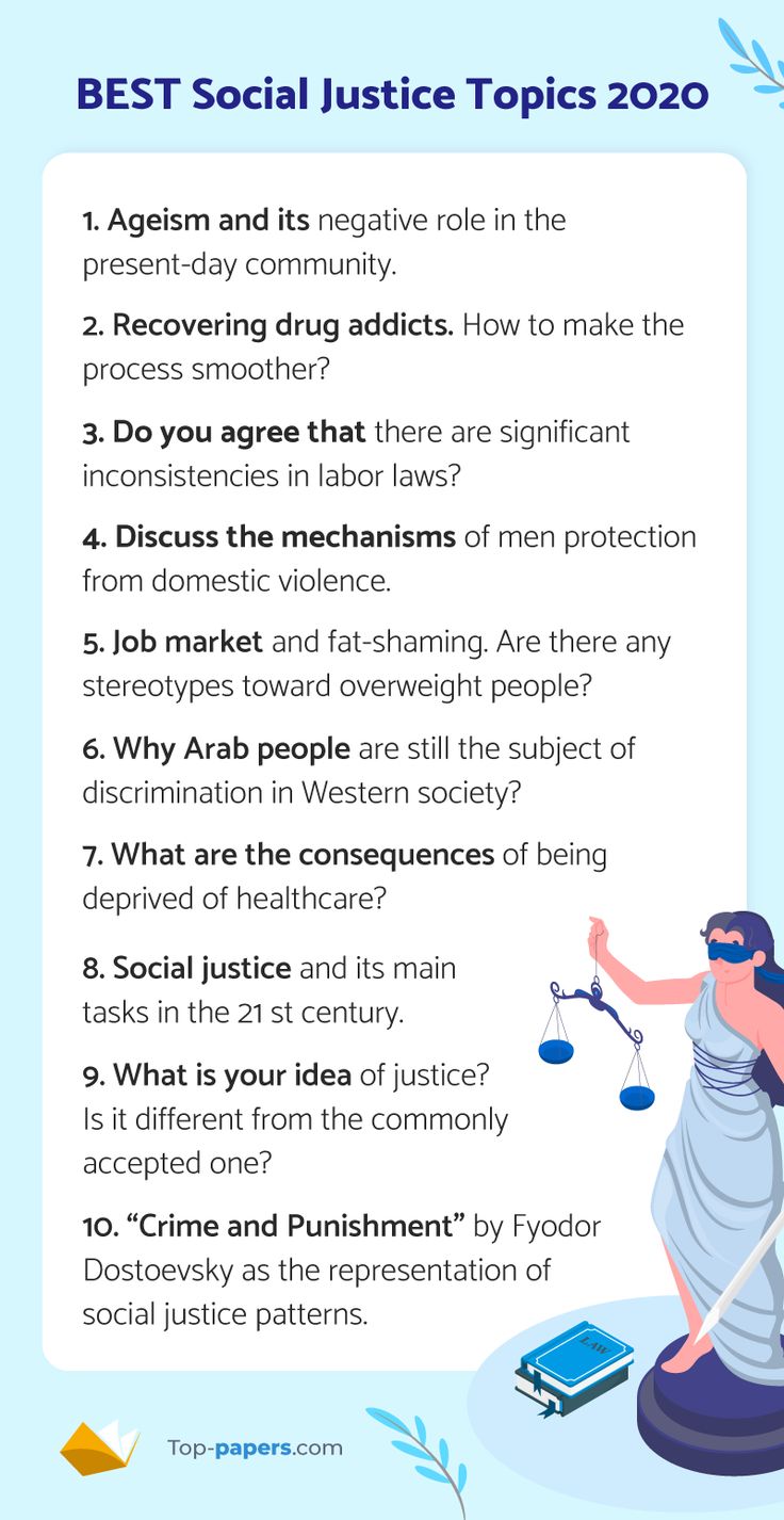 the best social justice topics for 2020 infographical poster with an image of lady justice