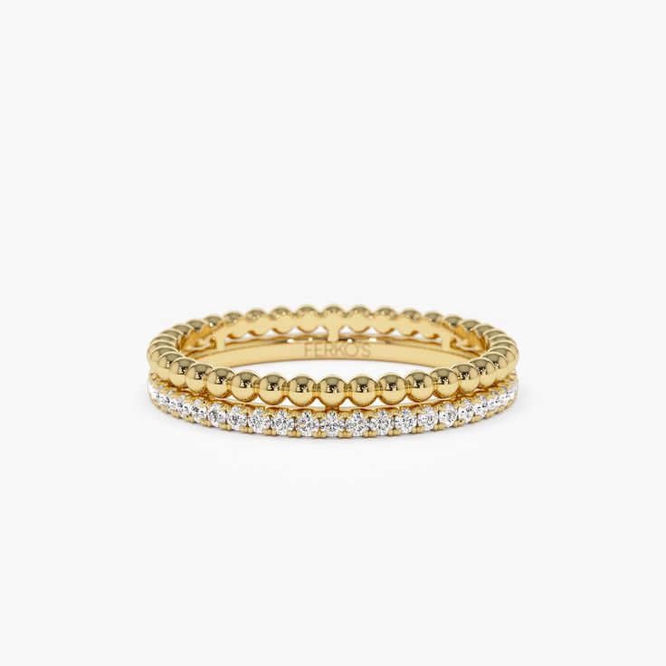 Stacking Ring / 14K Gold Beaded Ring with Diamond Ring together / Double Band Ring / Dainty Round Cut Diamond For Women / Gift For Bride ▶ Item Details * Made to Order. * Gold KT: 14K Solid Gold (also available in 18K & Platinum upon request) * Custom Gold Color: Rose Gold, Yellow Gold, White Gold * Width: 3 MM * Height: 1.45 MM * Round Diamond: 25 Pcs 1.1 MM * Diamond Ctw: 0.20 ctw * Diamond Color & Clarity: G Color SI Clarity * Ready to Ship in 3-10 Business Days ▶ See more of our Diamond Rings here - http://etsy.me/2lwKUl8 ▶ See our storefront here - http://etsy.me/2lUcVnH  ▶ All store sections here * Diamond Rings - http://etsy.me/2lwKUl8 * Diamond Earrings - http://etsy.me/2lyqVBP * Diamond Necklace - http://etsy.me/2mqa6O1 * Diamond Bracelets - http://etsy.me/2mVrAB5 * Diamond Weddin Stackable Double Band Yellow Gold Diamond Ring, Yellow Gold Stackable Diamond Ring With Double Band, Elegant 14k Gold Rings With Round Beads, Stackable Jewelry With Round Beads For Anniversary, Stackable Round Beads Jewelry For Anniversary, Stackable Round Bead Jewelry For Anniversary, Gold Thumb Rings, Minimalist Diamond Rings, Double Band Ring