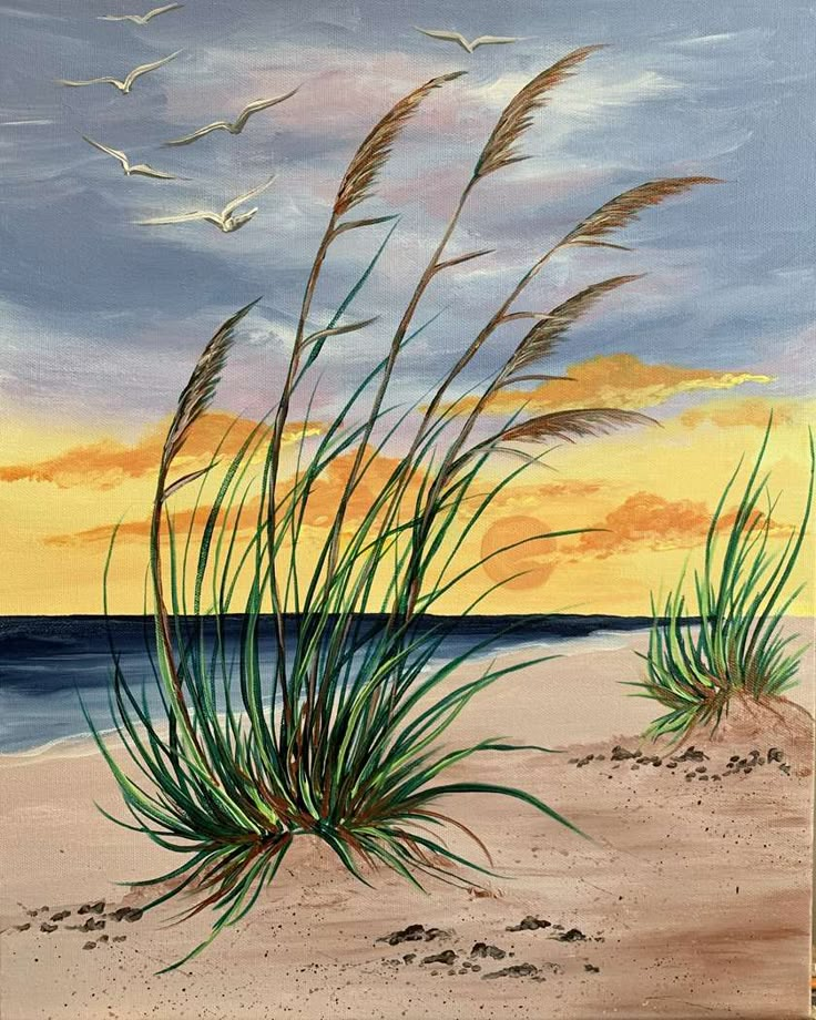 a painting of sea oats on the beach at sunset with birds flying in the sky