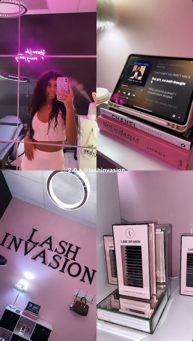 Small Lash Room Set Up At Home, Vision Board Lashes, Lash Booth Ideas, Lash Business Vision Board, Lash Boss Aesthetic, Lash Tech Organization Ideas, Lash Tech Goals, Pink And Black Lash Room, Lash Tech Lifestyle