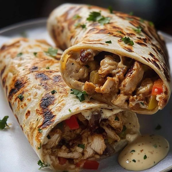 a burrito cut in half on a white plate