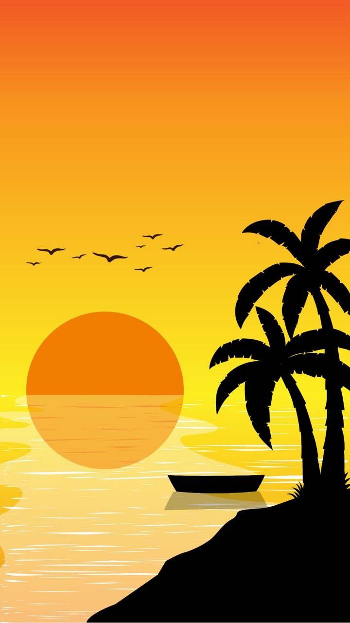 the sun is setting over the ocean with two palm trees and boats in the water