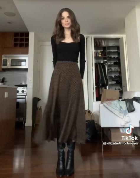 Dark Academia Going Out Outfit, Normal Style Outfit, Dark Academia Aesthetic Women Outfits, Skirt And Tall Boots Outfit Winter, Sick Day Work Outfit, Elegant Artsy Outfit, Anathema Device Outfit, Business Casual Outfits Pants, Work Outfits Long Skirt