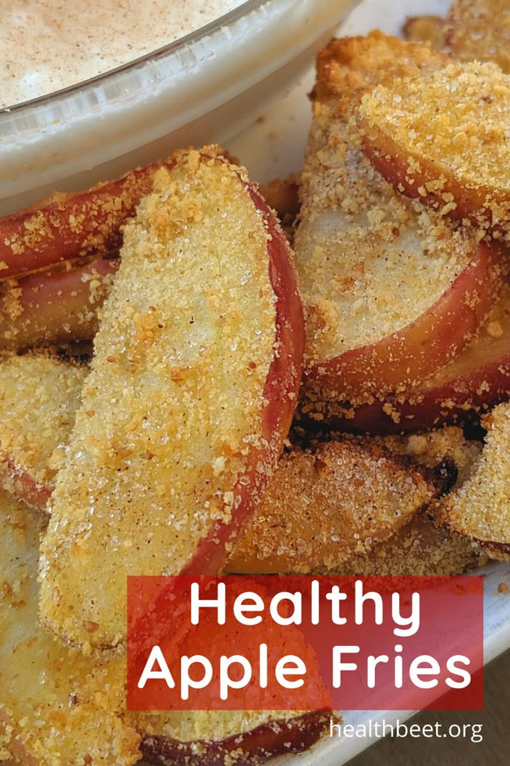 healthy apple fries on a plate next to a cup of coffee and cinnamon dip with the words healthy apple fries above it