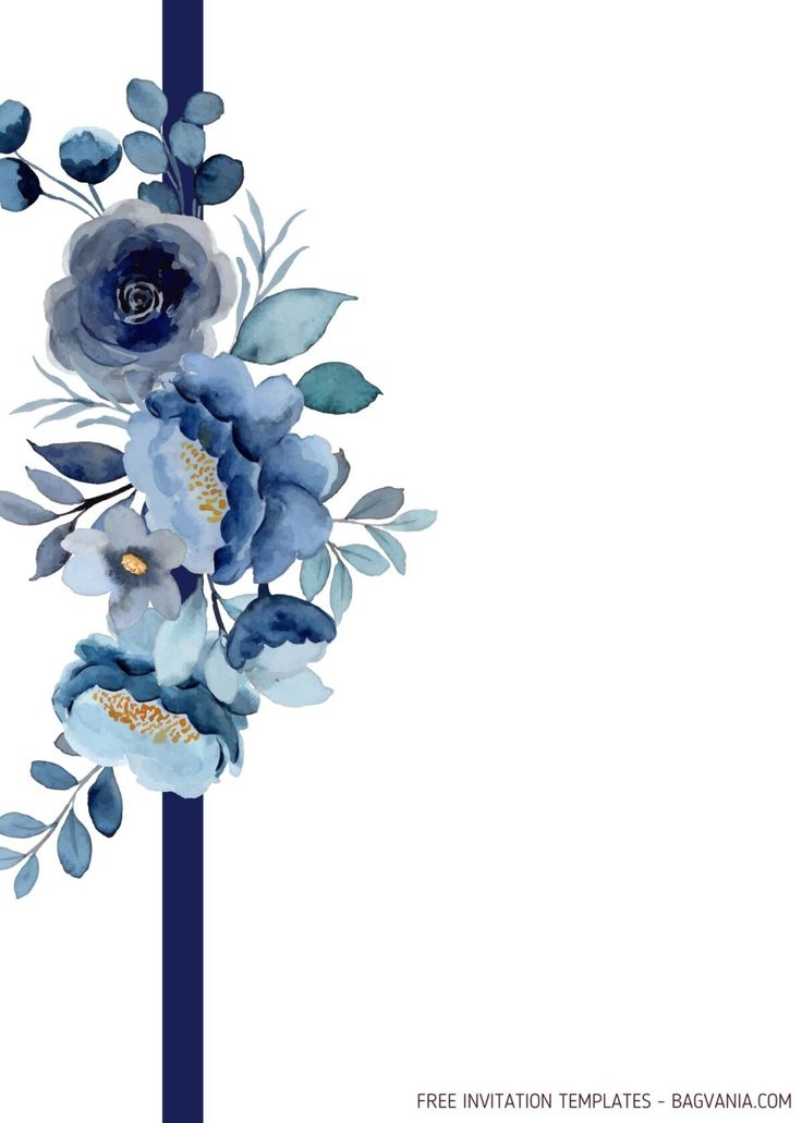 blue flowers and leaves are on the corner of a white background with a blue stripe