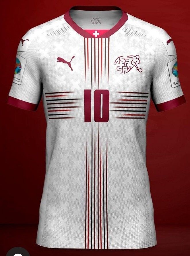 a white and red soccer jersey with the number 10 on it's chest, in front of a red background