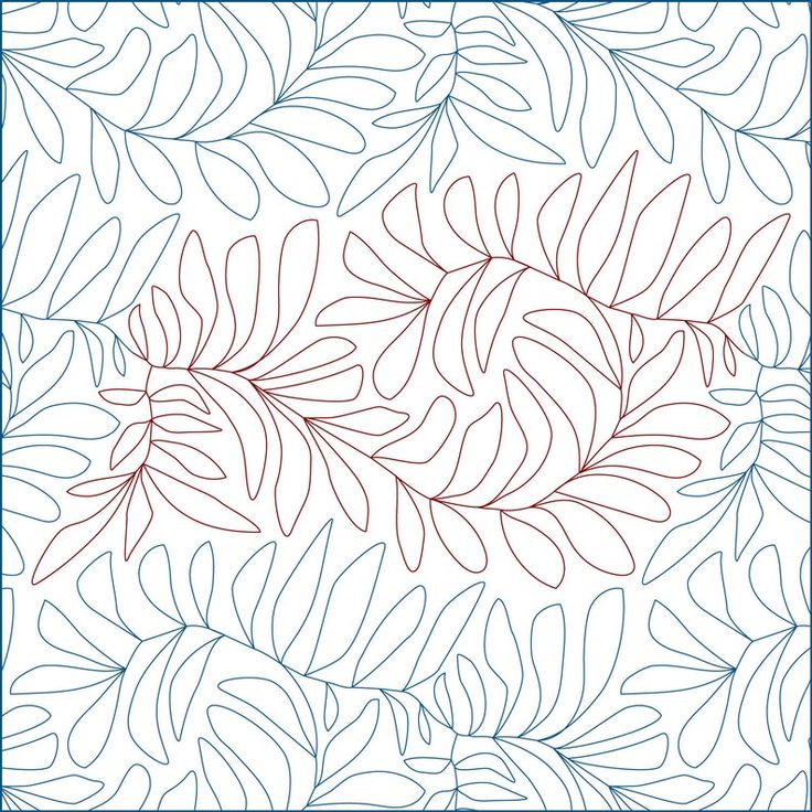 an image of a quilting pattern with red and blue leaves on white fabric, as well as the background