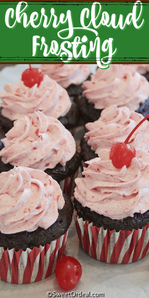 chocolate cupcakes with pink frosting and cherries on top