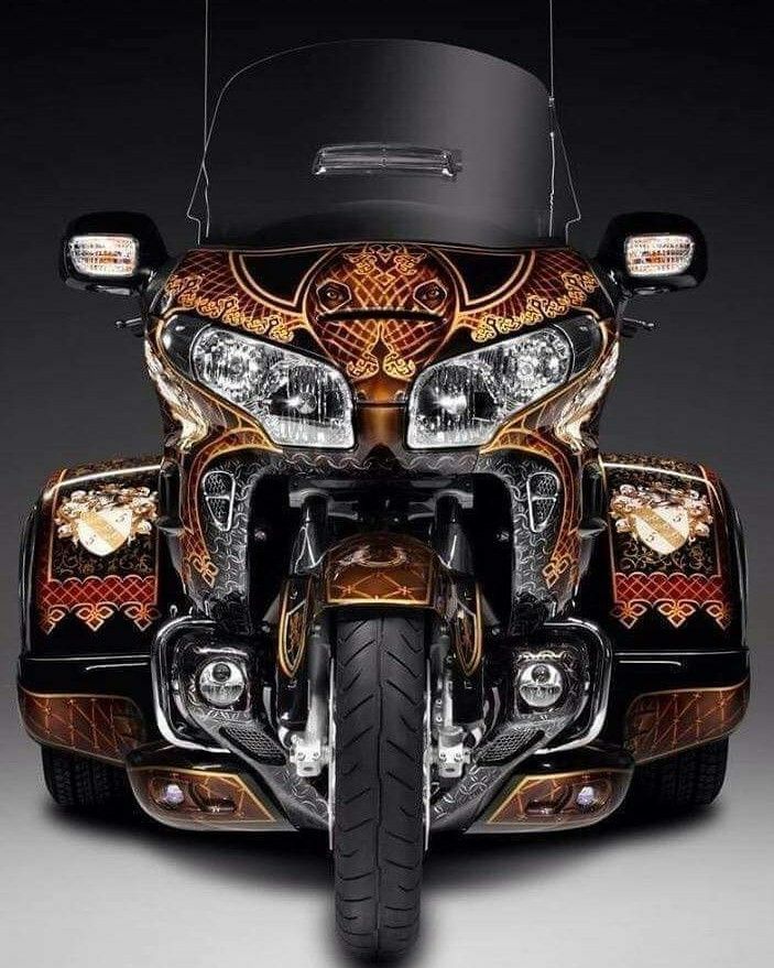 the front end of a motorcycle with intricate designs on it