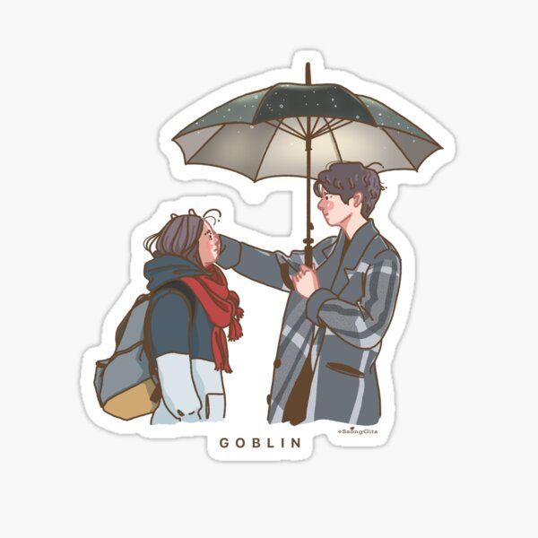 two people standing under an umbrella talking to each other sticker on a white background