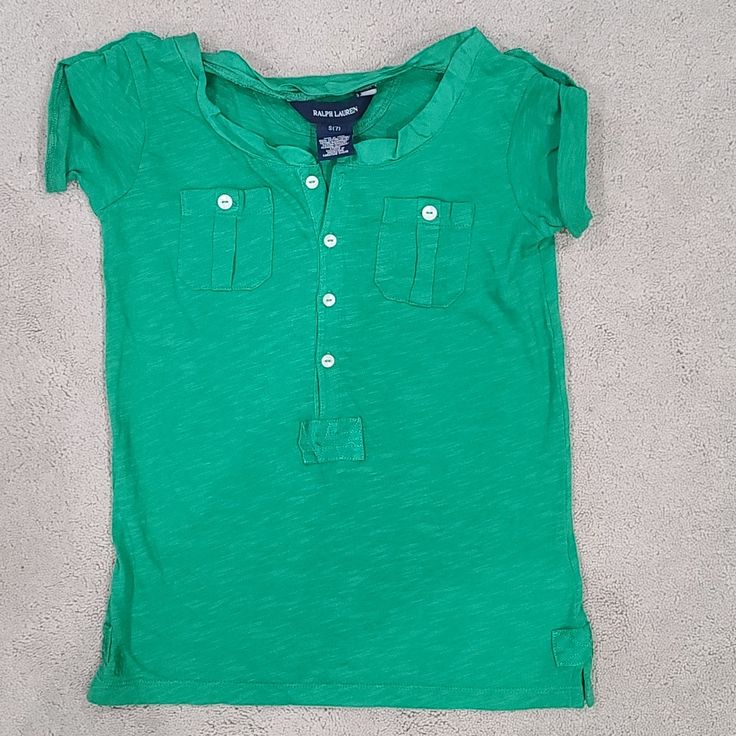 New With Tags Ralph Lauren Button Front Shirt Size 7 (Small). Comes From A Smoke Free Home Green Short Sleeve Top With Placket, Collared T-shirt With Button Closure For Spring, Spring Collared T-shirt With Button Closure, Collared Cotton Top With Buttons, Spring Cotton T-shirt With Button Closure, Cotton T-shirt With Button Closure For Spring, Casual Green Tops With Button Closure, Ralph Lauren Green Long Sleeve Tops, Green Short Sleeve Tops With Button Closure