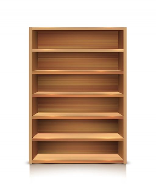 an empty wooden shelf with three shelves on the top and bottom, in front of a white background