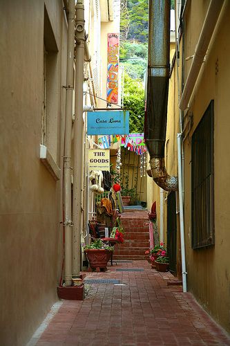 an alley way with stairs and plants on either side, surrounded by yellow buildings in the background