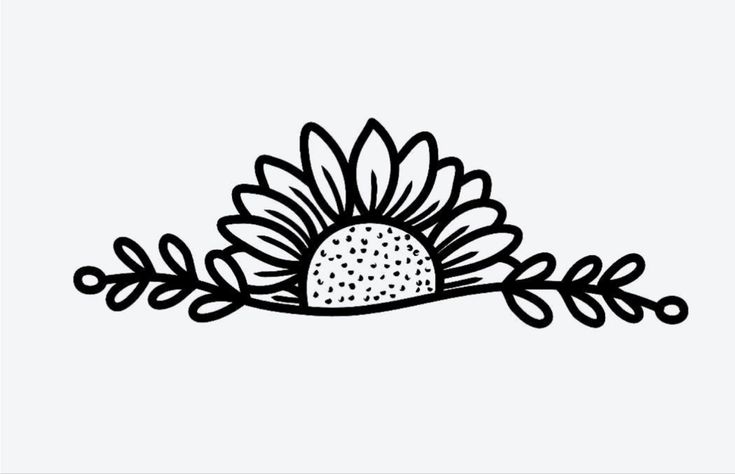 a black and white drawing of a sunflower with leaves on it's head