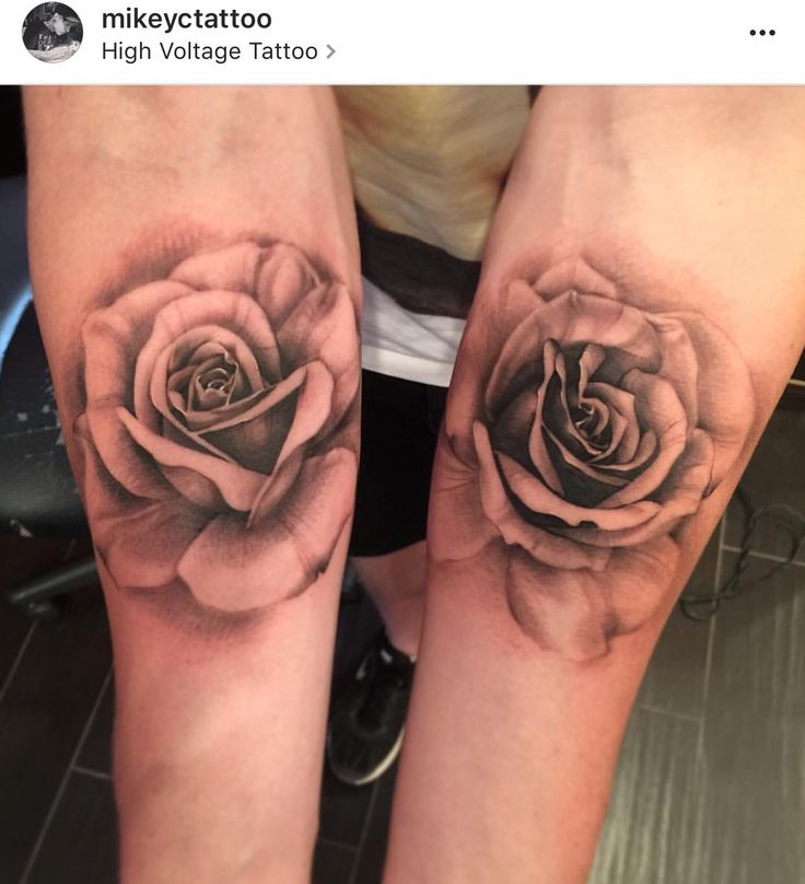 two roses on both legs are shown in black and grey ink, with one being the same color as the other