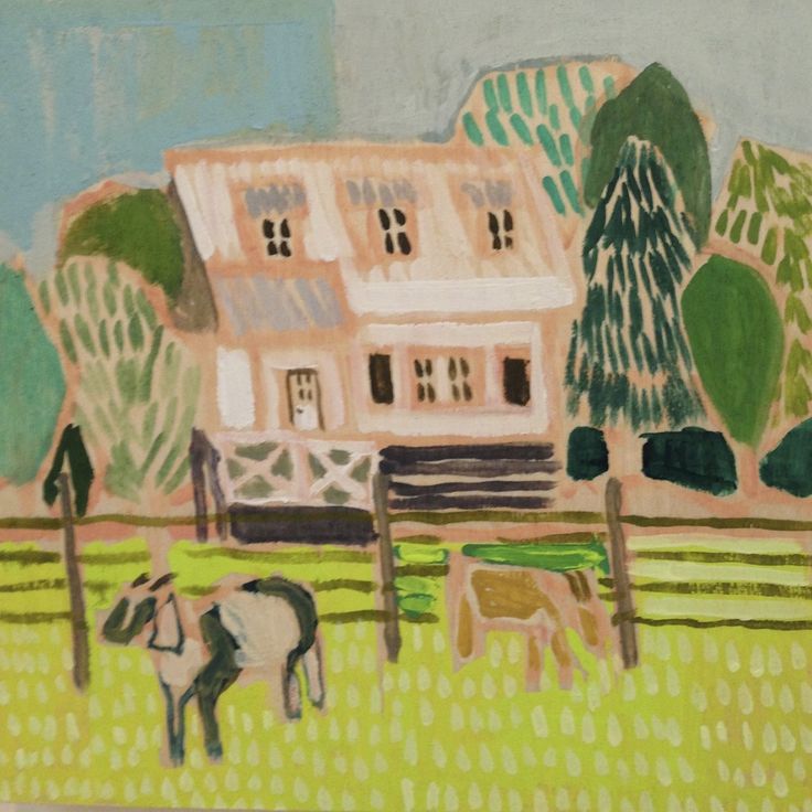 a painting of a house with a horse in the foreground and a fenced in area behind it