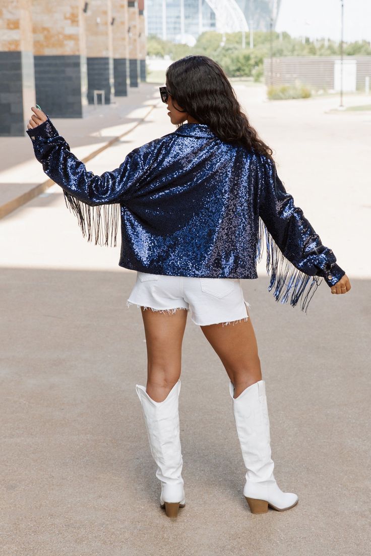 Bring the energy of the game to your wardrobe with our Dallas Cowboys mirrorball fringe sequin jacket. This stunning piece dazzles with an all-over sequin design and eye-catching fringe details. Make a statement while cheering on your Dallas Cowboys. Fan Photoshoot, Dallas Cowboys Outfits, Dallas Cowboys Fans, Sequin Design, Sequin Jacket, Advertising Agency, Birthday Photoshoot, The Energy, Dallas Cowboys