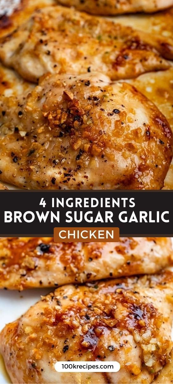 four ingredient brown sugar garlic chicken on a white plate with text overlay that reads, 4 ingredients brown sugar garlic chicken