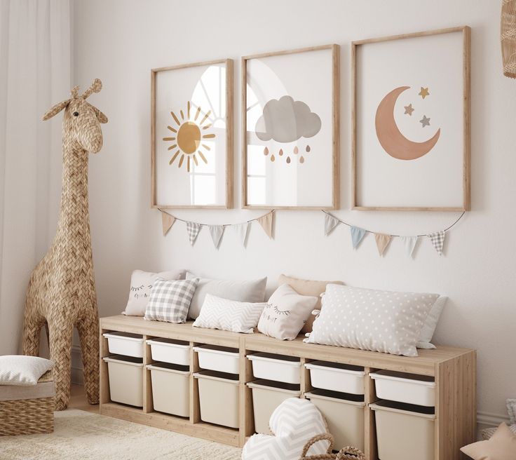 a child's room decorated in neutrals and whites